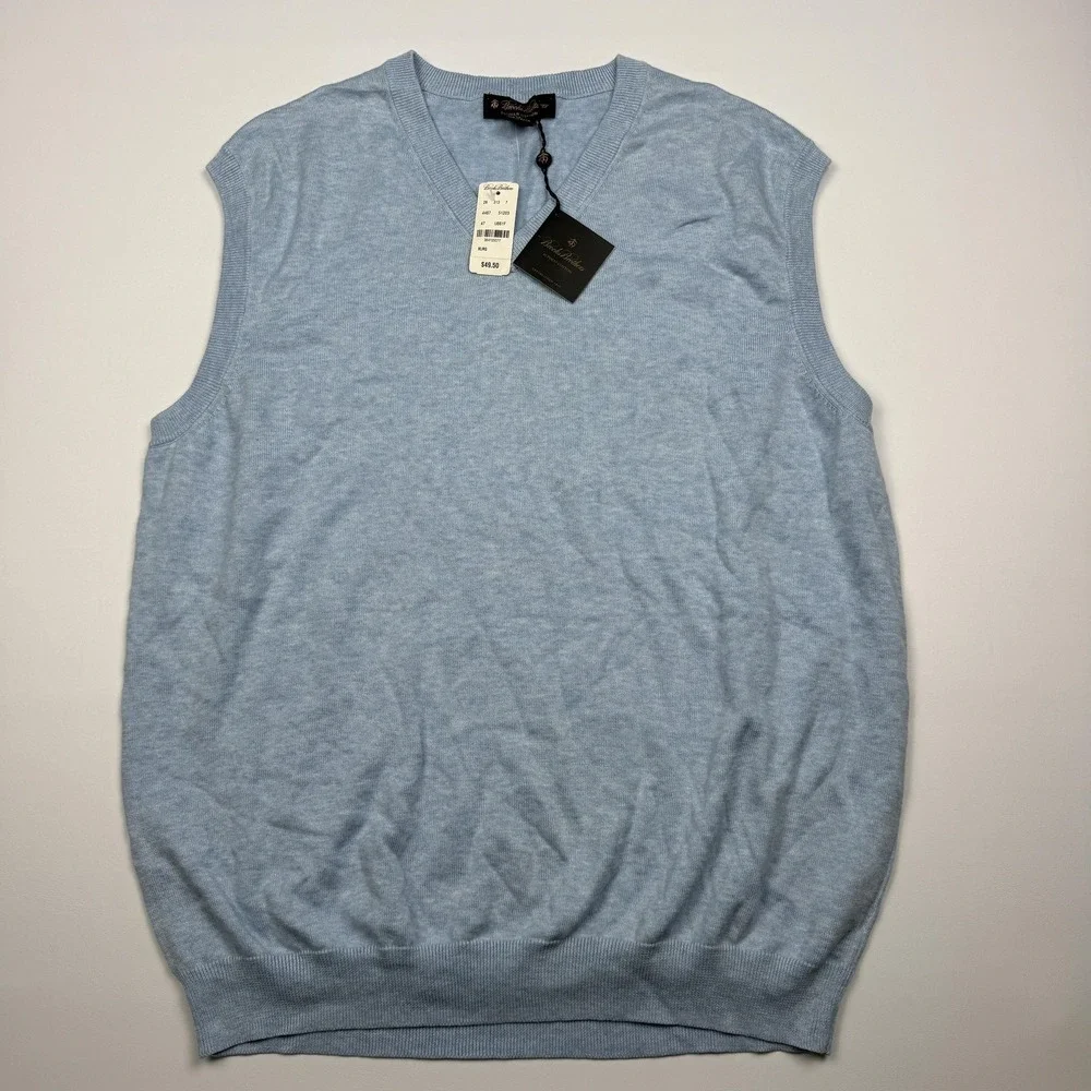 Brooks Brothers Sweater Vest Mens XL Blue Supima Cotton V Neck Knit Pullover NWT